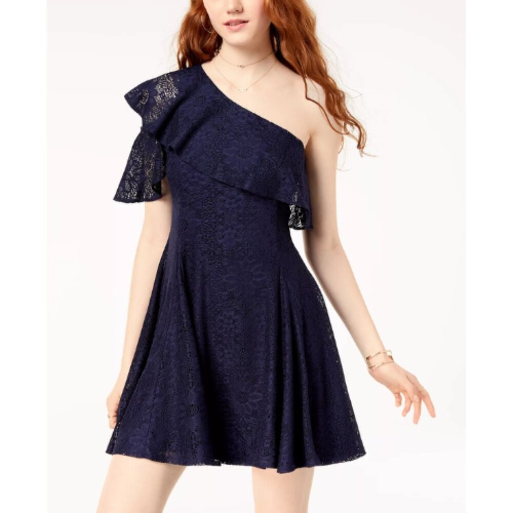 The Edit By Seventeen Juniors' Lace One-Shoulder Mini Dress Blue Size Large NWT